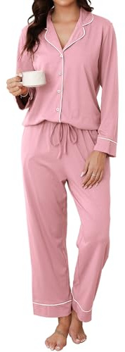 Reliwel Conjunto Pijama Mujer Dos Piezas Largo con Botones Comodo Pjs Ropa de Dormir Cárdigan Top y Pijama Pantalones con Cordón S-XXL