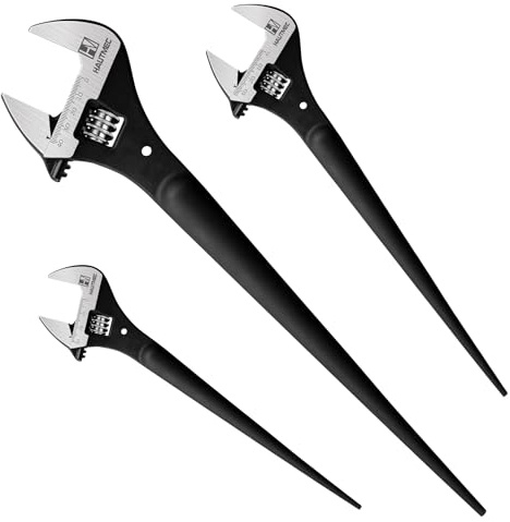 HAUTMEC Lot de 3 clés à molette réglables de 25,4 cm, 30,5 cm et 40,6 cm avec barre de levier arrière, finition oxyde noir, échelles métriques et SAE forgées en acier CR-V avec trou d'attache