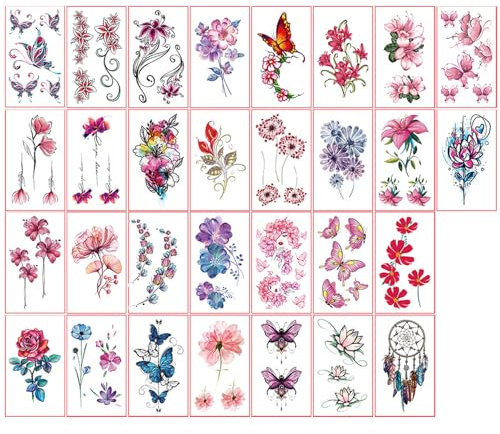 30 tatuajes temporales grandes de acuarela 3D para mujeres y niñas, flores coloridas, mariposas, realistas, de larga duración, tatuajes impermeables para mujeres y adultos, arte corporal