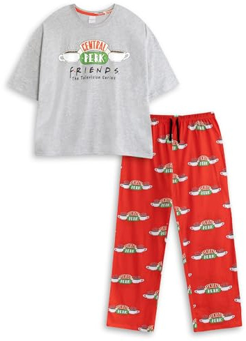Friends Central Perk Dam Grå Kortärmad Långbenspyjamas Set | Retro Loungewear för Sovkläder och Avkoppling | Enfärgad Design med Logotyp | TV-program Merchandise