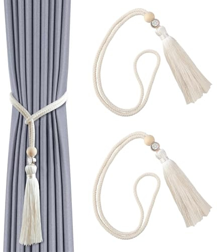 2pcs 55.9cm Vorhang Quasten Raffhalter Handgewebt Dekoration | Verstellbare Vorhanghalter mit Holzperlen und Kristallschnalle für Zuhause, Schlafzimmer, Büro und Fenstervorhänge