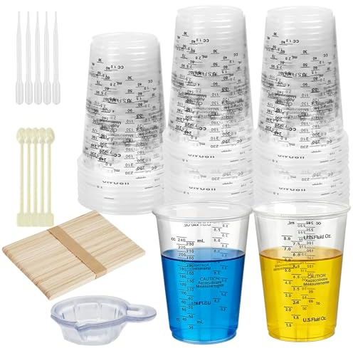Bicchieri di miscelazione in resina epossidica, 50 misurini per resina, 240 ml, misurini in plastica con bastoncini di agitazione in legno e tazza di miscelazione della vernice e pipetta per miscelare