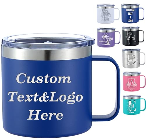 Aolun Custom Insulated Coffee Mug with lid Handle Personalised Stainless Steel Coffee Mugs with Name Logo Text 12oz 14oz Engraved Travel Coffee Tumbler Gift for Women Men,Customized Your Own