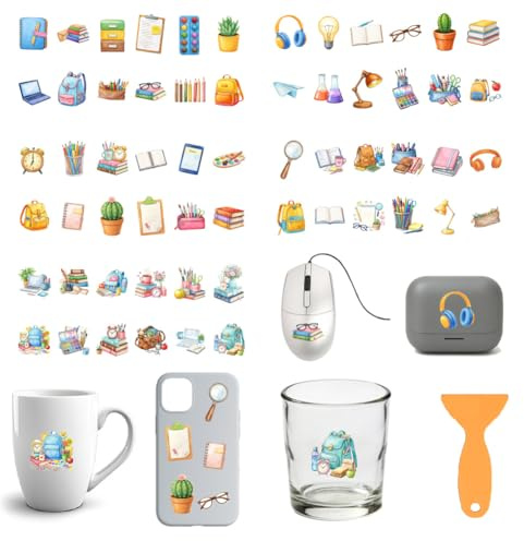GOMAKERER 10 Sheets Watercolor Stationery UV DTF Cup Wraps, 5 Styles Paintbrush Schoolbag Alarm Clock Desk Lamp Spectacles Cup Transfer Stickers Waterproof Rub on Transfer for Glass Cups Furniture