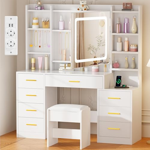BEWISHOME Grande Coiffeuse avec Miroir et Éclairage LED, Tabouret et Prise