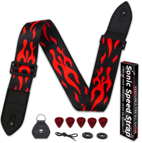 Guitar Strap,Burning Music Dreams Acoustic Electric Adjustable(35inch-56inch)Guitar Straps with Leather Pick Box and 5 PCS Picks Guitar Accessories,Best Gifts for Kids Guitarists(Black and Red Flames)