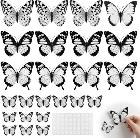 Lot de 32 Papillons Décoratifs 3D Noirs et Blancs, Décoration Murale en PVC avec Points de Colle, Stickers Papillon pour Maison, Jardin, Salon et Extérieur, 2 Tailles (7,5cm et 14,3cm)