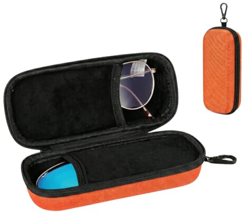 Double Glasses Case Hard Shell with Zipper & Hook, Travel Eyeglass Case | Portable Dual Sunglasses Organizer Storage Box for Men and Women, Holds Sunglasses and Eyewear Safely on the Go (Orange)