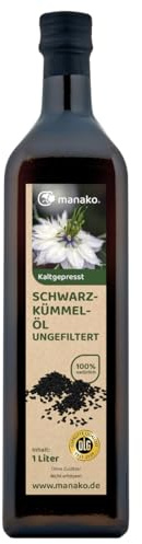 manako ungefiltertes Schwarzkümmelöl, kaltgepresst und 100% rein, 1000 ml Glasflasche