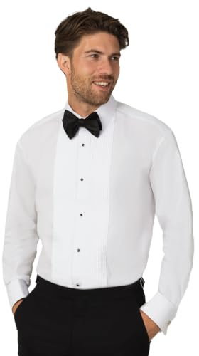 Dobell Mens White Dress Shirt Regular Fit 100% Cotton Standard Collar Pleated Stud Button Front Double Cuff-17.5