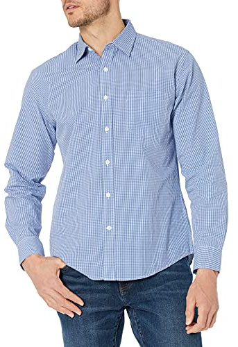 Amazon Essentials Men's Regular-Fit Long-Sleeve Casual Poplin Shirt, Blue Gingham, XL