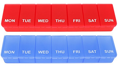 COM-FOUR® 2X Doseur de médicaments en ANGLAIS - Boîte à médicaments pour 7 jours - Pilulier - Boîte à comprimés - Doseur hebdomadaire pour le stockage [ANGLAIS] (rouge/bleu)