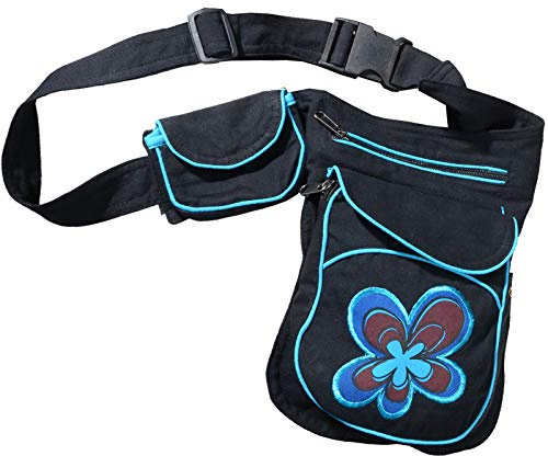 KUNST UND MAGIE Goa Schulter Bauchtasche Gürteltasche Bauchgurt Hippie Psy Festival Blumenmotiv, Schwarz / Blau, ca. 28 x 18 x 4 cm