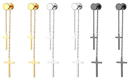 JewelryWe Schmuck Ohrringe Herren Damen Edelstahl Ohrstecker mit doppelt Kreuz Kette Anhänger Fakeplugs Fake Plug Tunnel Ohrringe Ohrhänger Piercing, Schwarz Gold Silber
