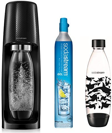 Set Sodastream Spirit con macchina per acqua frizzante e soda Spirit Nero, 2 bottiglie Fuse in PET 1l di cui 1 bottiglia Fuse Nature, 1 cilindro di CO2 60 L [esclusiva Amazon]