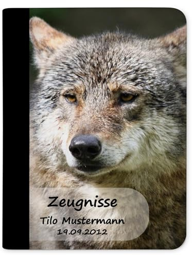 CreaDesign Zeugnismappe A4 mit Namen personalisiert für Kinder – Wolf – Dokumentenmappe Schule ohne Klarsichthüllen