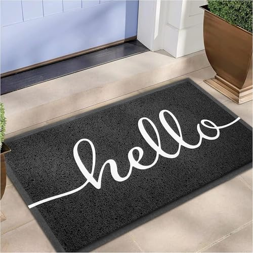 EARTHALL Door Mat Outside Inside Hello Doormat, 30x17.5, Durable Floor Mat Non Slip Mat Ultra Absorb Mud Easy Clean Front Doormat for Garage, Entryway, Patio, High Traffic Areas, Black