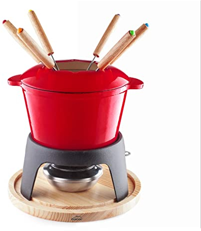 Lacor- 71711 - Set Fondue de Hierro Fundido Esmaltado, Soporte de Hierro con base de Madera, Apta para Inducción, 6 tendores, Ø 16,5x10cm (1,7 litros),Rojo