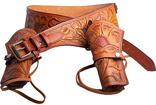 Hulara Fondina per Pistola Western. Fondina da Cowboy per Revolver Calibro 45 Auto, 45 ACP, 44/45. Fondina per Pistola in Pelle Pieno Fiore con Cintura per Uomo. Marrone Cacao, Doppia Faccia S2.