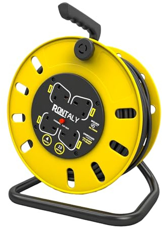 Generic Yellow 4 Socket Cassette Reel Extension Lead, 15M, Thermal Cut-Out, High-Visibility Cable