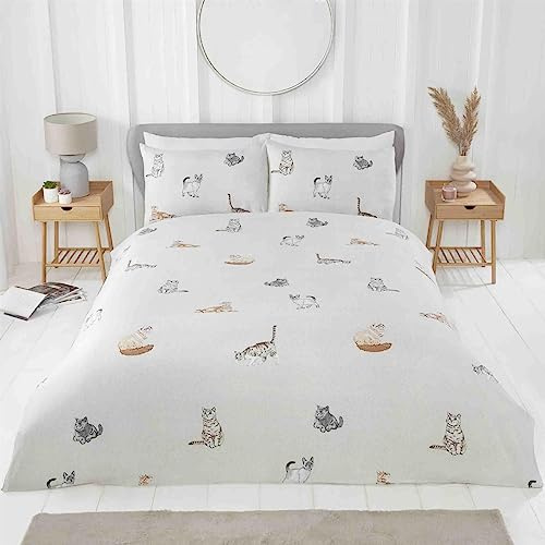 Rapport Home Purrfect - Set di biancheria da letto con gatti, in microfibra, 180 fili, reversibile, per letto singolo, colore: grigio