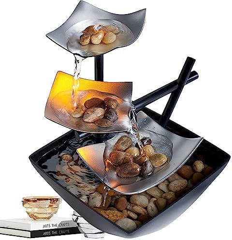 Tuzsocr Fontana da ufficio, ornamenti ad acqua cascata, decorazione Zen metallo LED, arredamento per interni