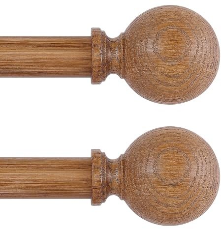 HTZON Gardinenstangen aus Holz für Fenster, 168 bis 305 cm, 2,5 cm Holzmaserung, Kugel, verstellbare Gardinenstange, Boho-Vorhangstangen, rustikale Gardinenstangen, braun, 167,6–304,8 cm, 2 Stück
