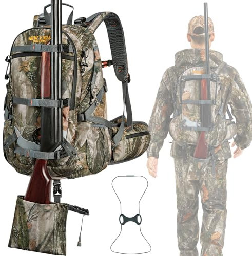 NEW VIEW Camo Jagdrucksack, 35 l, für Herren, 600D strapazierfähiger 2100 cu Tagesrucksack mit Gewehrhalter, Innenrahmen und Regenschutz im Lieferumfang enthalten, Camo, 35L, Lieferumfang: