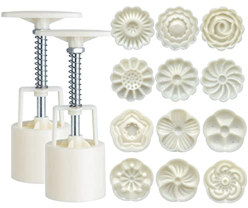 Moon Cake Mould Set,Includes 12 pcs Flower Pattern Base and 2 Pieces Bath Bombs Press,Mid Autumn Festival DIY Hand Press Cookie Stamps Pastry Tool Moon Cake Maker(50g)
