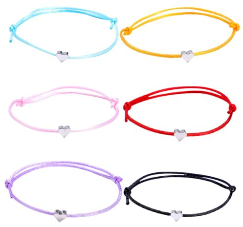 WKRTDY 6x pulseras de cuerda con corazón para la amistad, ajustables y perfectas como regalo para novias, mejores amigas, parejas, mujeres y niñas, Un regalo colorido ideal para cumpleaños infantiles