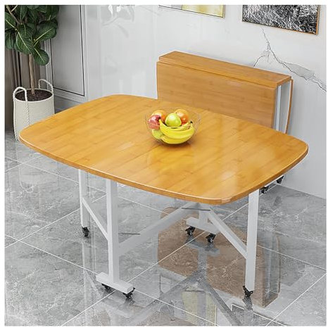 Verstellbarer klappbarer Küchentisch aus Holz mit Tropfenblatt-Design, platzsparend, runder Rand, Schreibtisch auf Rollen (120 x 80 cm), ideal für Esszimmer und Arbeitsplatz, weiß, tragbar und
