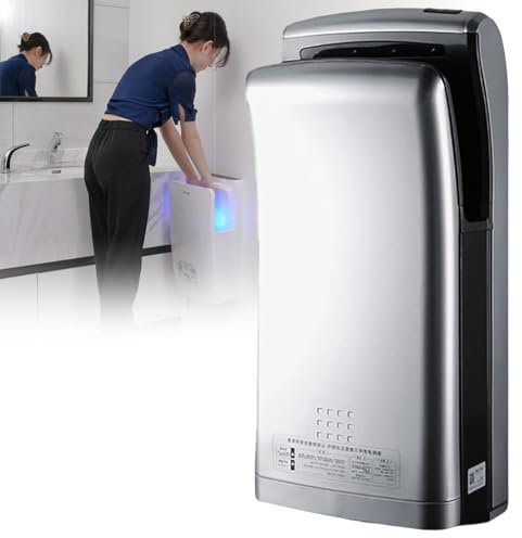YEHOZZ Asciugamani Elettrico Verticale, Asciugamani Automatico, Asciugamani Commerciale Potente da 2000 W con Raccolta Acqua, Interruttore Aria Calda/Fredda, 5 Secondi per Asciugare,Silver