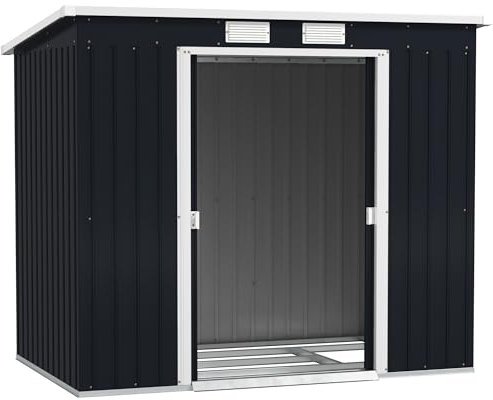 Outsunny 7 x 4ft Lean to Garden Shed with Foundation Kit, Double Door and Vents, Outdoor Metal Storage Shed for Equipment Tools, Dark Grey