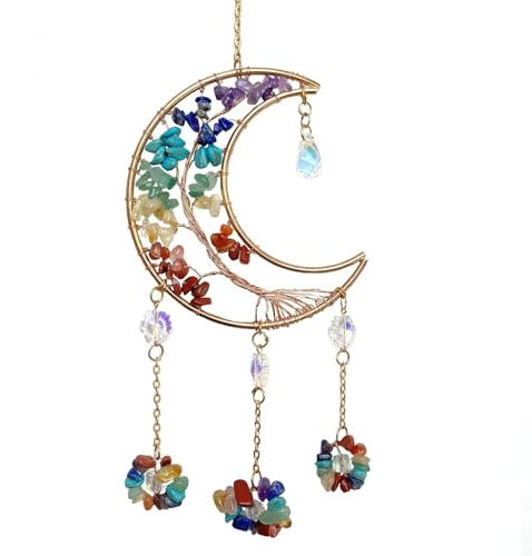Colorful Crystal Moon Suncatcher for Window - 7 Chakra Hanging Tree of Life Natural Healing Stones Wind Chimes Dream Catcher Rainbow Maker Good Luck Decor for Car Home Garden