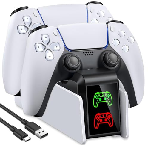 PS5 Charging Station, 2H Fast Controller Charger for PlayStation 5 DualSense, Upgrade PS5 Charging Dock with 2 Types of Cable, White