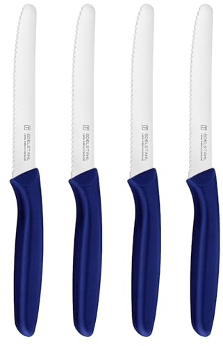 targzier 4 Kitchen Knives Set,11cm Serrated Stainless Steel,PP Handle,Blue | Tomato Knives,Table/Dinner Knives,Cooking Knife,Rounded Tip,11cm,Ergonomic Handle,Rustproof,Cutting Tamato,Vegetable,Fruit