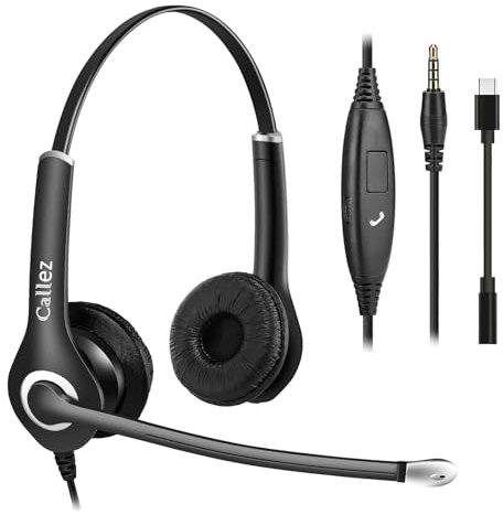 3.5mm Jack Laptop Headset with Microphone Noise Cancelling, Wired USB-C Headphones for PC Computer iPhone Samsung Mobile Phone Mac Tablet Teams Zoom Office Business Home Work, In-line Controls