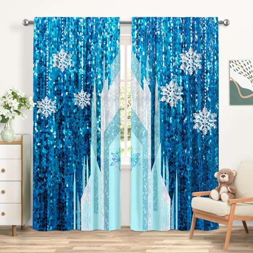 ZTHMOE Vorhänge mit Eis, Schnee, Schloss, Prinzessin, Mädchen, Wunderland, Schneeflocke, verschneite Landschaft, Stangentasche, Fensterbehandlungsvorhänge für Schlafzimmer, Wohnzimmer, 2 Paneele, 132