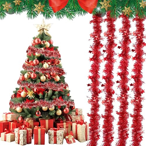 YOOSI Espumillón Árbol de Navidad 10 Piezas, 2M Oropel Navideño Decoración, Adornos de Navidad para Decoración Interior y Exterior (Rojo)