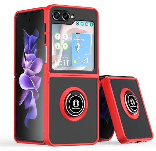 ELISORLI Phone Case for Samsung Galaxy Z Flip 6 5G 2024 Translucent Matte with Tempered Glass Screen Protector Finger Ring Rotating Stand Magnetic Car Mount Cover ZFlip6 Z6 G Flip6 6Z Women Men Red