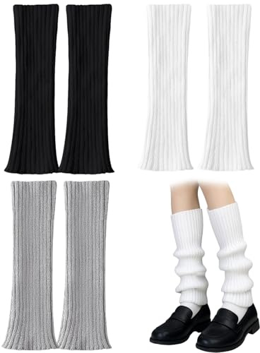 JISRKP 3 Pairs Leg Warmers, Black White Grey Leg Warmers for Women, 80s Style Fluffy Leg Warmer for Ballet Dance Skating, 52cm Polyester Leg Warmer Ladies