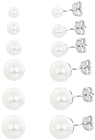 Perlenohrringe Damen Perlen ohrstecker Set Weiße Perlenohrstecker für Damen Edelstahl Stecker 4/5/6/8/9/10mm
