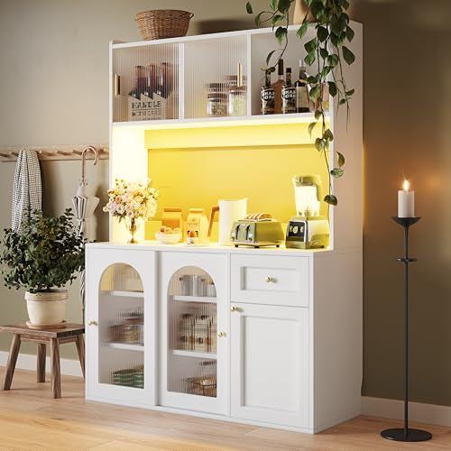 Zravenna Buffetschrank 120x35x167 cm, Vitrinenschrank, Hochschrank mit Arbeitsplatte und Schubladen, Aufbewahrungsschrank mit Verstellbares Regal, Großer Stauraum, für Küche, Esszimmer. (Weiß)