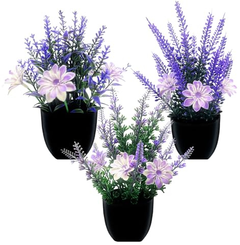BUERPINKING 3 Stück Künstliche Blumen im Topf, Kunstblumen Kunstpflanze Klein mit Topf Lavendel Pflanzen Dekor Kunststoff Pflanzen Indoor Dekor für Wohnzimmer Büro Haus Schlafzimmer
