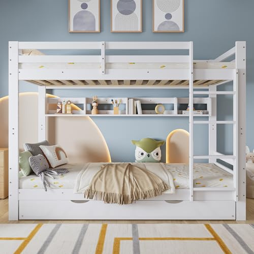 Oslghy Cama Infantil para niños 90x200 cm, Litera Matrimonio con 190x90cm Cama de Arrastre, Se Convierte en Dos Camas Individuales, Cama Altillo con protección anticaída y somier, Blanco, Sin colchón