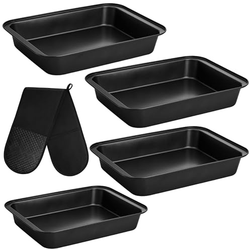DIZIPCO Baking Trays for Oven Non Stick - 4 Piece Roasting Tins Set with Free 1 Oven Glove, Heavy Duty Carbon Steel Oven Trays for Cooking & Baking, PFOA Free, Dishwasher Safe