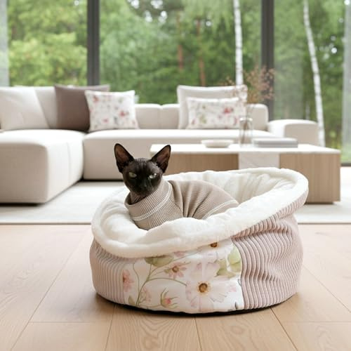 PRASKA Patchwork Katzenbett Hundebett 50 cm – Weiches Plüschbett mit Premium-Fell | Flauschiges Haustierbett für Katzen & kleine Hunde | Handgefertigt EU | Waschbar | Pastellgarten
