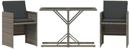 Qnhdfrt 3-TLG. Bistro-Set für Garten & Balkon, Balkonmöbel aus Poly Rattan mit Gartentisch & 2 Stühlen, Sitzgruppe inkl. Sitzkissen & Glasplatte, Grau