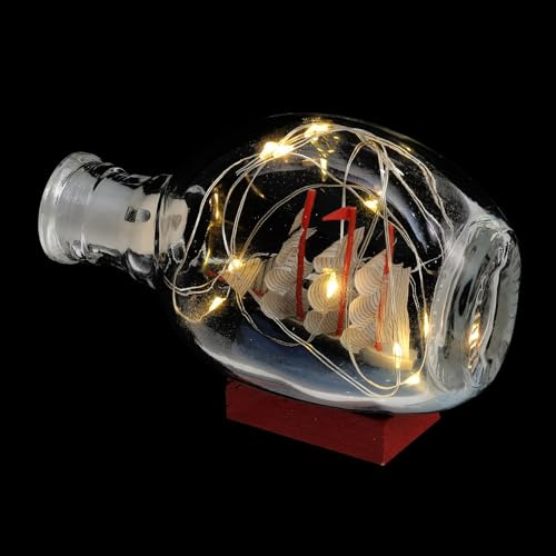 CIYODO Miniature Sailboat Model for Dining Room or Bedroom Decoration in Glass Bottle Wood Base, Mediterranean Style Desktop Sailing Boat Decor Powered by Button Battery