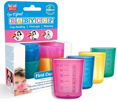 Babycup First Cup - baby learning mini kopp 4m+, graderad och transparent öppen Sippy-kopp, sippy småbarn kopp, tränare koppar för baby småbarn och barn matning, 100 % återvinningsbar och biologiskt nedbrytbar, BPA-fri, 50 ml kapacitet, set om 4, (multi)